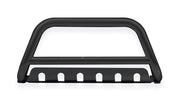 A black metal front bumper bull bar with a horizontal crossbar and mounting slots, shown on a plain white background.